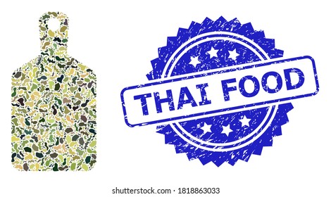 Military camouflage composition of cutting board, and Thai Food dirty rosette seal. Blue seal includes Thai Food text inside rosette. Mosaic cutting board designed with camouflage texture.