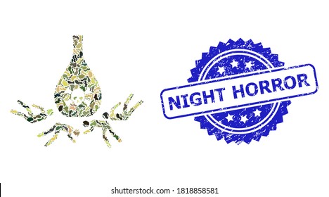 Military camouflage composition of dead poisoned people, and Night Horror dirty rosette seal print. Blue stamp seal includes Night Horror text inside rosette.