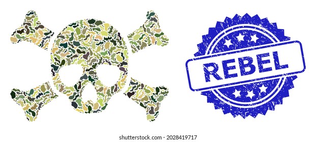 Military camouflage composition of death skull, and Rebel grunge rosette stamp seal. Blue seal includes Rebel tag inside rosette. Mosaic death skull designed with camouflage texture.