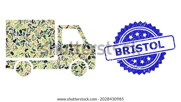 Military\
camouflage composition of delivery car, and Bristol scratched\
rosette seal. Blue seal has Bristol title inside rosette. Mosaic\
delivery car designed with camouflage\
items.