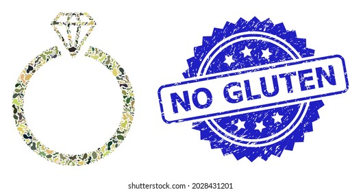 Military camouflage composition of diamond ring, and No Gluten grunge rosette seal print. Blue seal includes No Gluten title inside rosette. Mosaic diamond ring constructed with camouflage spots.