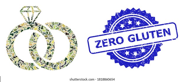 Military camouflage composition of diamond wedding rings, and Zero Gluten textured rosette stamp seal. Blue stamp seal contains Zero Gluten text inside rosette.