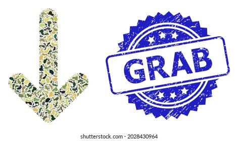 Military camouflage composition of down arrow, and Grab dirty rosette seal imitation. Blue seal includes Grab caption inside rosette. Mosaic down arrow constructed with camouflage texture.