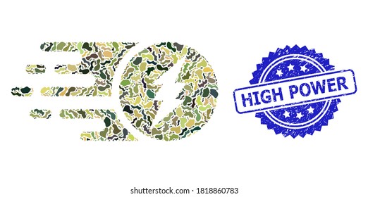 Military camouflage composition of electric charge, and High Power unclean rosette seal. Blue seal includes High Power title inside rosette. Mosaic electric charge designed with camouflage texture.