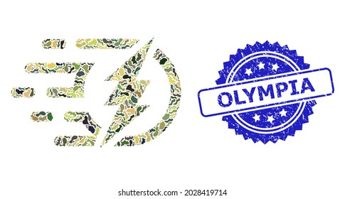 Militärische Tarnkappenbildung von elektrischer Energie und Olympia schmutzigen Rosette-Stempel-Siegel. Der blaue Stempel enthält den Text von Olympia in der Rosette. Mosaik-elektrische Energie, die mit Tarnflecken gebaut ist.