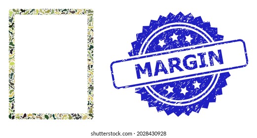 Composición de camuflaje militar de página vacía y sello de rosette impuro de margen. El sello azul incluye la leyenda Margin dentro de la rosette. Página vacía de mosaico diseñada con elementos de camuflaje.
