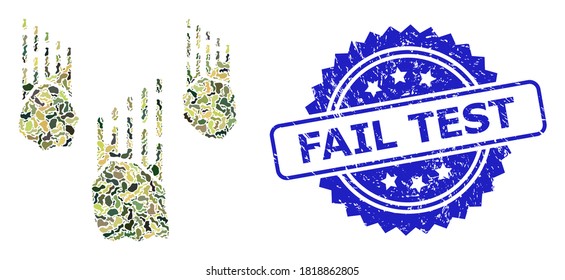 Military camouflage composition of falling rocks, and Fail Test scratched rosette stamp. Blue stamp contains Fail Test title inside rosette. Mosaic falling rocks constructed with camouflage texture.