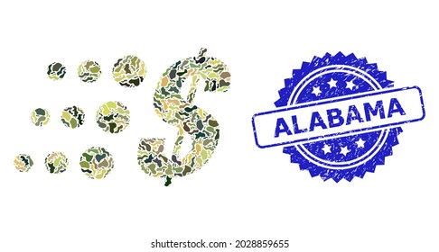 Military camouflage composition of fast dollar, and Alabama grunge rosette seal imitation. Blue seal contains Alabama text inside rosette. Mosaic fast dollar constructed with camouflage items.