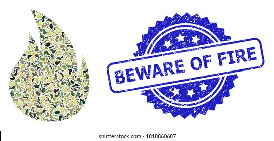Military camouflage composition of fire, and Beware of Fire rubber rosette stamp seal. Blue stamp seal contains Beware of Fire title inside rosette. Mosaic fire designed with camo items.