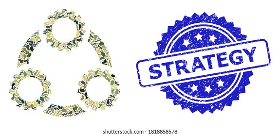 Military camouflage composition of gear planetary transmission, and Strategy dirty rosette stamp seal. Blue stamp includes Strategy text inside rosette.