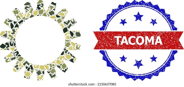 Military camouflage composition of gearwheel icon, and bicolor grunge Tacoma seal. Vector seal with Tacoma text inside red ribbon and blue rosette, unclean bicolored style. svg