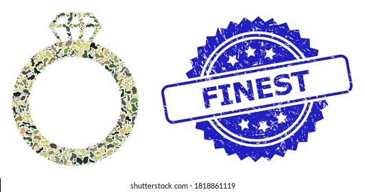 Military camouflage composition of gem ring, and Finest textured rosette seal print. Blue seal includes Finest caption inside rosette. Mosaic gem ring designed with camouflage items.