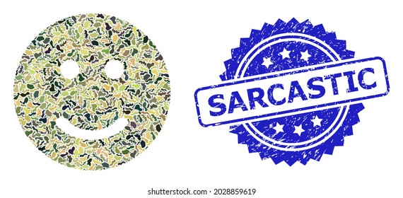 Military camouflage composition of glad smiley, and Sarcastic dirty rosette stamp seal. Blue stamp seal contains Sarcastic tag inside rosette. Mosaic glad smiley constructed with camouflage texture.