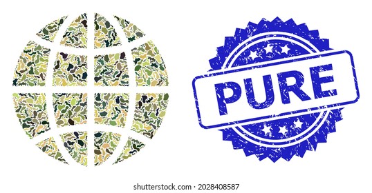 Military camouflage composition of globe, and Pure corroded rosette seal imitation. Blue stamp seal contains Pure title inside rosette. Mosaic globe designed with camouflage items.
