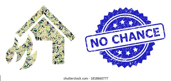 Military camouflage composition of house fire disaster, and No Chance dirty rosette seal imitation. Blue stamp seal contains No Chance text inside rosette.