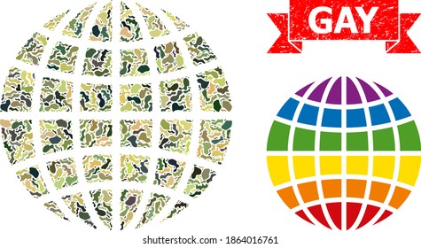 Military camouflage composition of LGBT globe, and Gay dirty stamp seal. Red stamp seal has Gay tag inside ribbon. Mosaic LGBT globe designed with camo items. Army flat design for patriotic templates.