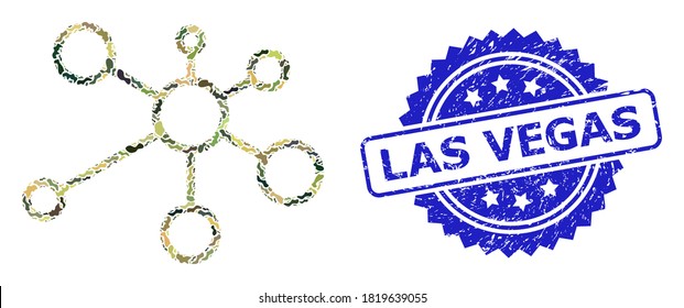 Composición de camuflaje militar de los nodos de enlace, e impresión de sello de rosette corroída en Las Vegas. El sello azul incluye el título de Las Vegas dentro de la roseta. Nodos de enlace mosaico construidos con elementos de camuflaje.