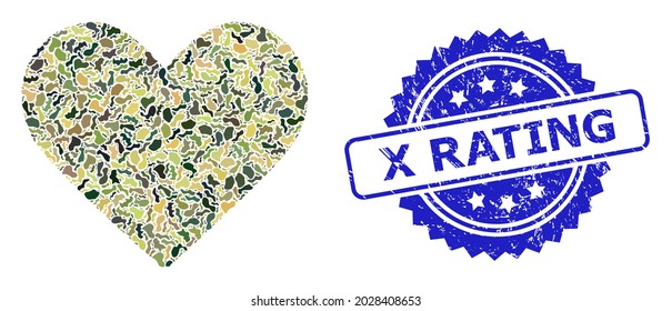 Military camouflage composition of love heart, and X Rating rubber rosette stamp seal. Blue seal contains X Rating tag inside rosette. Mosaic love heart designed with camouflage spots.