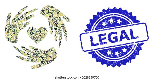 Military camouflage composition of lovely craft hands, and Legal scratched rosette seal. Blue stamp seal includes Legal tag inside rosette. Mosaic lovely craft hands constructed with camouflage items.