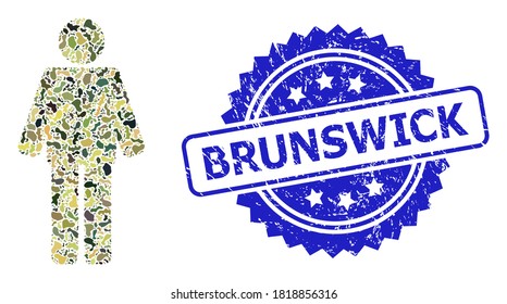 Military camouflage composition of man, and Brunswick corroded rosette seal imitation. Blue stamp seal contains Brunswick text inside rosette. Mosaic man constructed with camo spots.