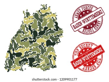 Military camouflage composition of map of Baden-Wurttemberg State and red unclean seals. Vector top secret and armed forces imprints with scratched rubber texture.