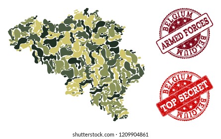 Military camouflage composition of map of Belgium and red rubber stamps. Vector top secret and armed forces watermarks with retro rubber texture. Army flat design for military posters.