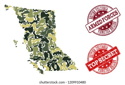 Military camouflage composition of map of British Columbia Province and red dirty seal stamps. Vector top secret and armed forces watermarks with distress rubber texture.