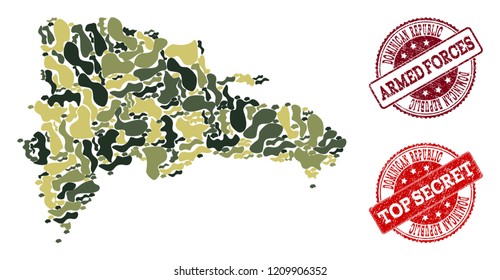 Military camouflage composition of map of Dominican Republic and red rubber seals. Vector top secret and armed forces watermarks with grunge rubber texture.