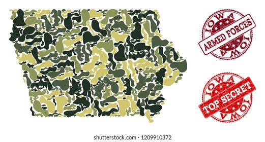 Military camouflage composition of map of Iowa State and red dirty seals. Vector top secret and armed forces imprints with retro rubber texture. Army flat design for military templates.