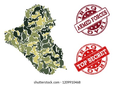 Military camouflage composition of map of Iraq and red grunge seals. Vector top secret and armed forces seals with grunge rubber texture. Army flat design for military purposes.