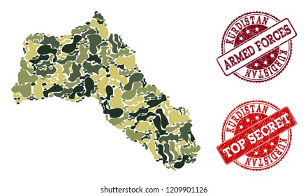 Military camouflage composition of map of Kurdistan and red unclean seals. Vector top secret and armed forces seals with unclean rubber texture. Army flat design for political purposes.