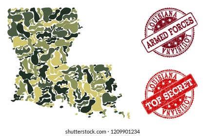 Military camouflage composition of map of Louisiana State and red unclean stamps. Vector top secret and armed forces seals with retro rubber texture. Army flat design for military posters.