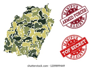 Military camouflage composition of map of Manipur State and red corroded seals. Vector top secret and armed forces seals with grunge rubber texture. Army flat design for military illustrations.