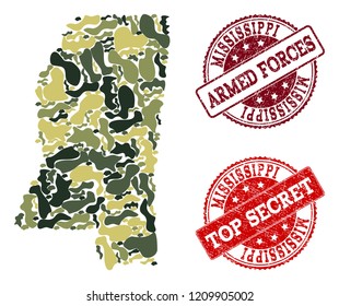 Military camouflage composition of map of Mississippi State and red rubber stamps. Vector top secret and armed forces watermarks with scratched rubber texture. Army flat design for political purposes.