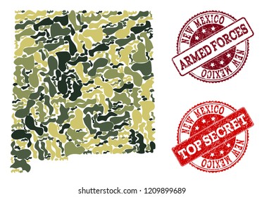 Military camouflage composition of map of New Mexico State and red scratched stamps. Vector top secret and armed forces watermarks with scratched rubber texture.