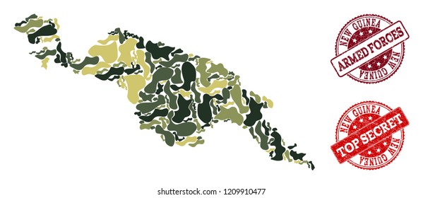 Military camouflage composition of map of New Guinea Island and red corroded seals. Vector top secret and armed forces seals with corroded rubber texture. Army flat design for patriotic illustrations.