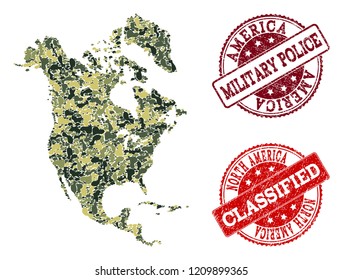 Military camouflage composition of map of North America and red dirty seals. Vector top secret and armed forces watermarks with grunge rubber texture. Army flat design for military purposes.