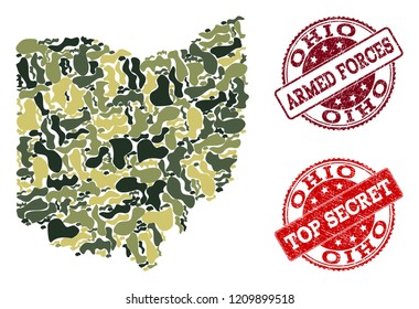 Military camouflage composition of map of Ohio State and red dirty stamps. Vector top secret and armed forces watermarks with distress rubber texture. Army flat design for military illustrations.