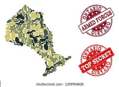 Military camouflage composition of map of Ontario Province and red rubber seals. Vector top secret and armed forces imprints with corroded rubber texture. Army flat design for political templates.