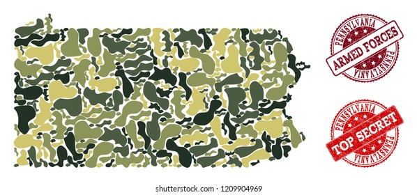 Military camouflage composition of map of Pennsylvania State and red corroded seals. Vector top secret and armed forces imprints with unclean rubber texture. Army flat design for military templates.
