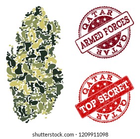 Military camouflage composition of map of Qatar and red scratched seal stamps. Vector top secret and armed forces seals with scratched rubber texture. Army flat design for patriotic templates.