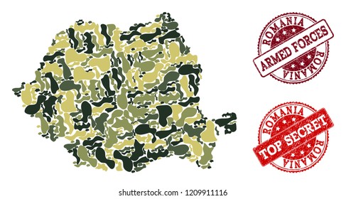 Military camouflage composition of map of Romania and red rubber seals. Vector top secret and armed forces seals with scratched rubber texture. Army flat design for political illustrations.