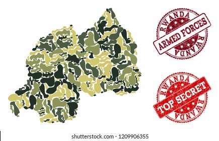 Military camouflage composition of map of Rwanda and red scratched stamps. Vector top secret and armed forces seals with scratched rubber texture. Army flat design for military illustrations.