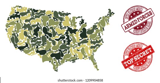 Military camouflage composition of map of USA and red scratched seals. Vector top secret and armed forces seals with grunge rubber texture. Army flat design for military posters.