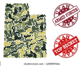 Military camouflage composition of map of Utah State and red grunge seals. Vector top secret and armed forces seals with grunge rubber texture. Army flat design for military templates.