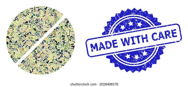 Military camouflage composition of medication tablet, and Made with Care rubber rosette seal imitation. Blue seal has Made with Care title inside rosette.