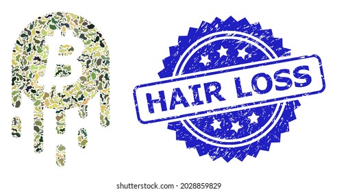 Military camouflage composition of melting bitcoin, and Hair Loss rubber rosette seal print. Blue stamp seal includes Hair Loss tag inside rosette.