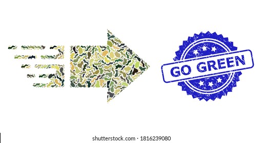 Military camouflage composition of move right, and Go Green textured rosette seal. Blue seal contains Go Green caption inside rosette. Mosaic move right designed with camouflage spots.