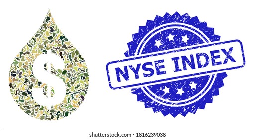 Military Camouflage Composition Of Oil Drop Price, And Nyse Index Unclean Rosette Stamp Seal. Blue Stamp Seal Has Nyse Index Text Inside Rosette.