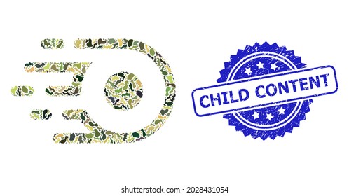 Military camouflage composition of participle motion, and Child Content rubber rosette seal imitation. Blue stamp seal includes Child Content text inside rosette.